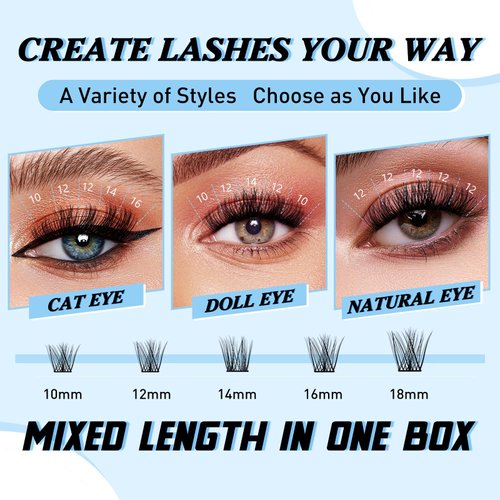KevKev Lash Clusters 192 Pcs Individual Lashes Cluster Lashes Mixed Styles DIY Lash Extensions Eyelash Clusters Thin Band & Soft Lashes that Look Like Eyelash Extensions(Spring & Summer, C-10-18mix)