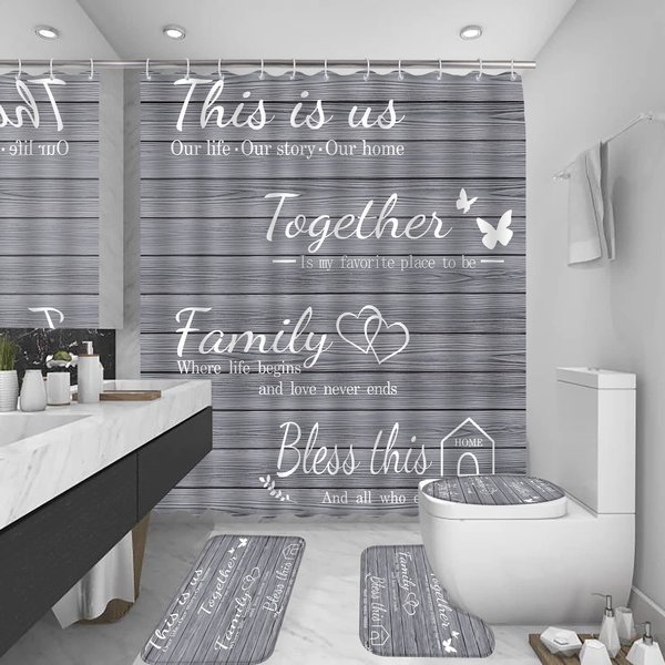 juwute 4Pcs Family Shower Curtain Sets with Non-Slip Rugs, Toilet Lid Cover and Bath Mat, Grey Home Bathroom Decor Set Accessories Waterproof Shower Curtains with 12 Hooks, 72 x 72 Inch