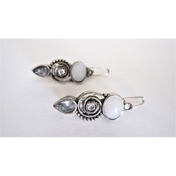 Generic Set of 2 small white stone gray crystal metal hair barrette clip for fine thin
