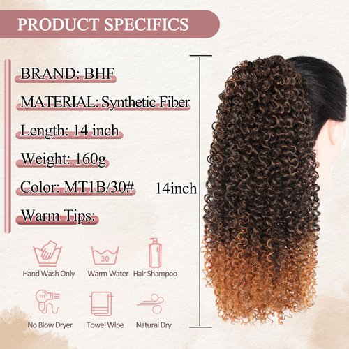 Curly Ponytail Extension for Black Women Drawstring Ponytail Hair Extensions 14'' Ombre Brown Synthetic Kinkys Curly Drawstring Ponytail for African Women
