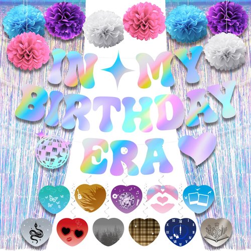 M AMFEOV Birthday Banner Decorations,IN MY BIRTHDAY ERA Party Decorations Kit,Happy Birthday Party Supplies with Iridescent Banner Hanging Swirls and Colorful Metallic Tinsel Foil Fringe Curtains
