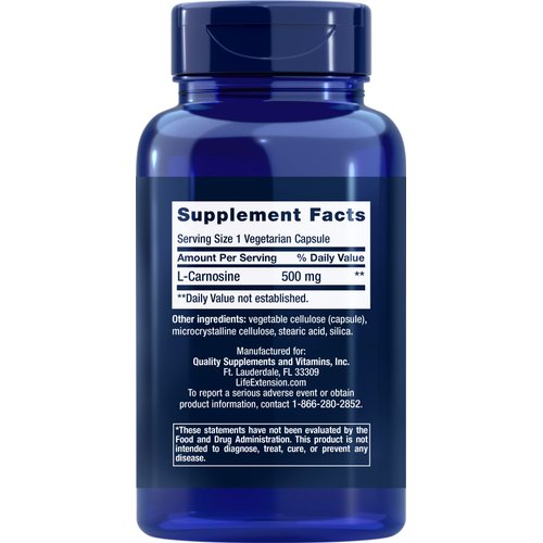 Life Extension Carnosine 500mg Potent, Anti-Aging L-Carnosine Supplement - Antioxidant - Non-GMO, Gluten-Free - 60 Vegetarian Capsules
