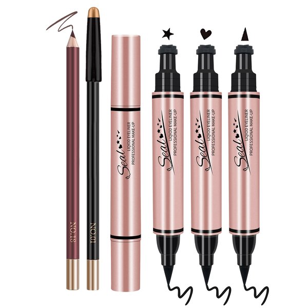 POPMISOLER 5 Pcs Liquid Eyeliner Pen Stamp Set, Dual Ended Black Eyeliner with Heart/Star/Triangle Shape Eye Liner Stamp Waterproof Long Lasting Stamp Makeup Eyeliner for Women Girls