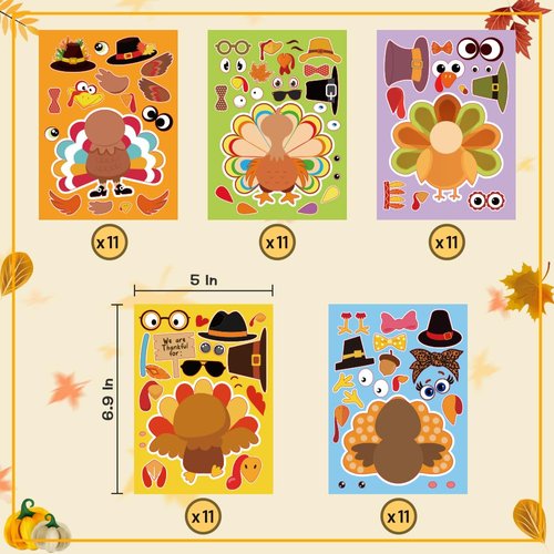 55 Sheets Thanksgiving Crafts for Kids, Make a Turkey Craft Stickers for Kids Thanksgiving Games, Activities, Gifts, Party Favors, Decorations, Thanksgiving Stickers for Family, Classroom