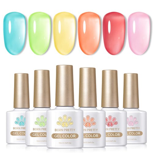 Born Pretty Jelly Gel Nail Polish Set Spring Summer Crystal Glass Translucent Pastel Gel Polish Blue Red Green Yellow Pink Soak Off UV Gel Polish 10ML 6PCS