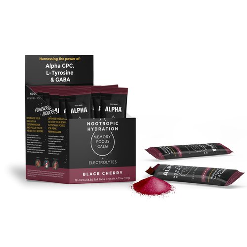Fully Loaded ALPHA Hydration Nootropic Drink - Black Cherry - Hydration, Electrolyte & Nootropic Powder Packets | 18 Single Serving Sticks | Organic Flavors | ALPHA, GABA, L-Tyrosine, Only 20 Calories