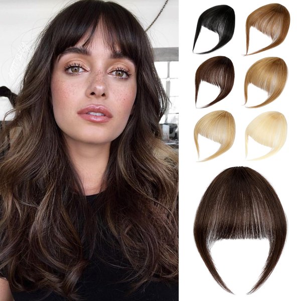 Cephermer Bangs Hair Clip 100% Real Human Hair Clip in Bangs French Fake Bangs Hair Extensions Fringe with Temples Hairpieces Wispy Curved Bangs For Women Brown