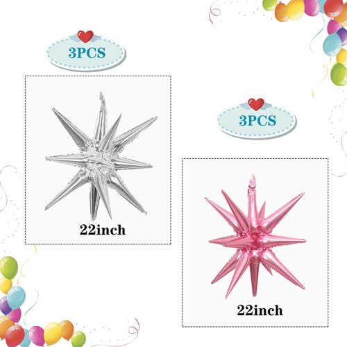 6 Pcs Star Foil Balloons One-Piece 14-Pointed Star Balloons 4D Starburst Cone Mylar Balloons 22inch Christmas Birthday Wedding Wedding Anniversary Party Supplies(Silver + Pink)