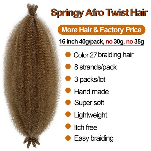 Afro Spring Twist Hair Color 27 Kinky Braiding Hair for Butterfly Locs 16 Inch 3 Packs Marley Twist Braiding Hair #27 Golden Brown Cuban Twist Hair Extension for Black Women