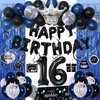 16th Birthday Decorations for Boys, 73PCS Blue Black Happy 16th Birthday Balloons for Girls, 16 Years Old Bday Party Supplies with Tablecloth, Fringe Curtains, Hanging Swirls Decor for 16th Teenager