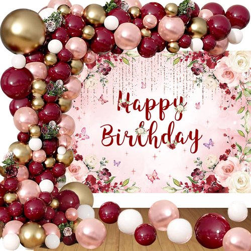 Burgundy Happy Birthday Party Decorations for Women, Burgundy Rose Gold Balloon Garland Arch Kit with Butterfly Rose Gold Happy Birthday Backdrop, Burgundy Flower Birthday Party Decorations Supplies