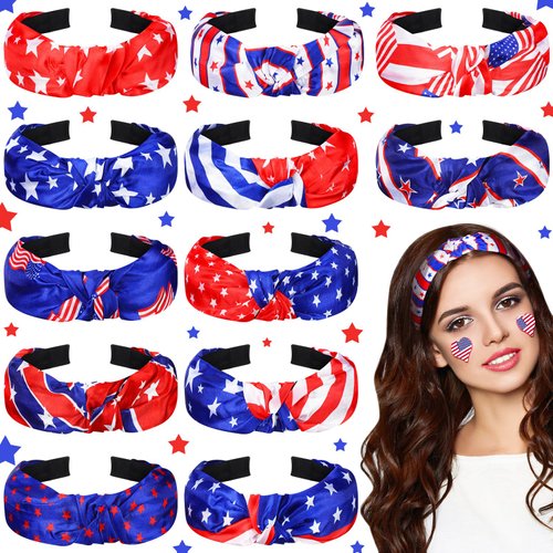 Newcotte 12 Pcs 4th of July Headbands for Women Girls Patriotic Knotted Headband Red White and Blue Hair Accessories American Flag Hair Band for Independence Day Women Girls Gifts