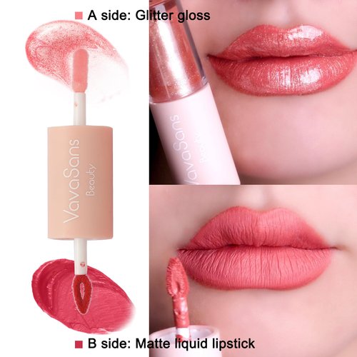 VavaSans Pink Rose Matte Liquid Lipstick with Pink Clear Glitter Lip Gloss 2 In 1 Dual Ended Highly Pigmented Long Lasting Non Sticky Transfer Proof High Shine Finish Makeup for Girls and Women