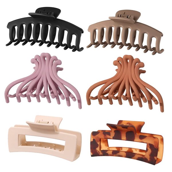 6 Pcs Neutral Hair Claw Clips and 2 Hair Ties, Nonslip Hair Clips for Women, Strong Hold Matte Claw Clips for Thick Hair & Thin Hair (6 Count)