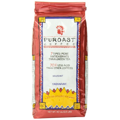 Puroast Low Acid Coffee , Whole Bean , Hazelnut , Medium Roast , Certified Low Acid Coffee , pH 5.5+ , Gut Health , 2.2 LB , Higher Antioxidant , Smooth for Cold Brew & Iced Coffee , Flavored Coffee