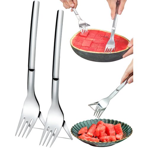 Watermelon Slicer Cutter 2 Pack, 2-in-1 Watermelon Fork Slicer, Summer Watermelon Cutting Artifact, Stainless Steel Fruit Forks Slicer Knife for Family Parties Camping