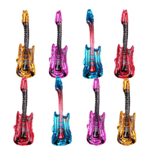 4 PCS Red Blue and Gold Guitar Foil Balloons for Stage Properties Parentchild Early Education Supplies Kids Birthday Party Decoration Props Musical Instrument Inflate Balloon Festival Concert
