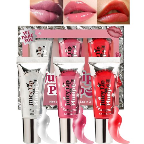 Plumping Lip Oil Kit-3Pcs Hydrating Tinted Lip Gloss,Long Lasting Lip Plumper and Pout Booster LIpgloss, Moisturizing Non-Sticky Natural Fuller Lip Tint Stain,Christmas Makeup Gift for Women-Set A