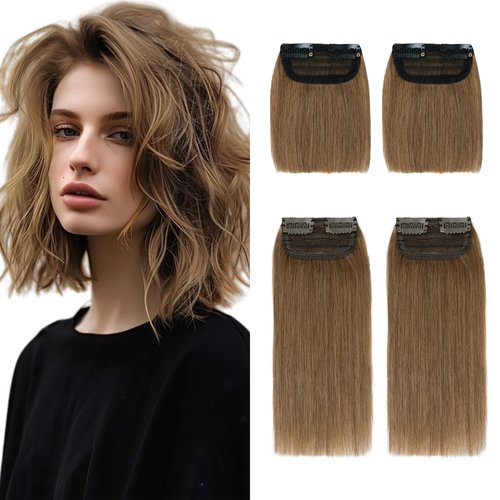 SEGOHAIR 4 Pcs Clip in Short Hair Extensions Real Human Hair Hairpiece 100% Remy Human Hair Toppers for Women With Thinning Hair Adding Hair Volume -Light Brown