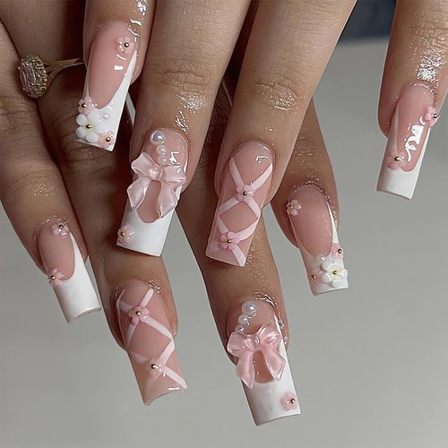 IMSOHOT Press on Nails Square Medium Fake Nails Pink Glossy Acrylic False Nails with Bow Designs Full Cover Glue on Nails for Women 24PCS