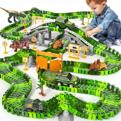 MSKOLER 144 Pieces Dinosaur Toys Car Race Tracks Sets for Kids 3 4 5 6 7 8 Years Old - Flexible Tracks Playset with Kids Dinosaur, Electronic Toy Cars for Boys, Birthday Gifts for Toys Toddlers 3-5