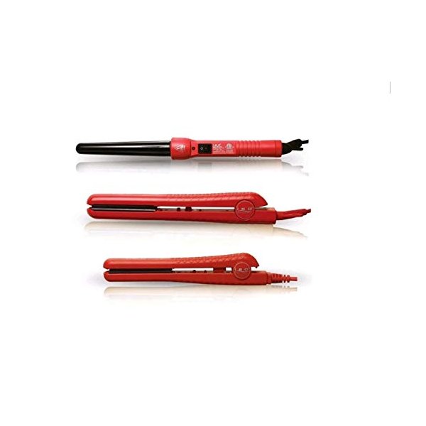 ISO Beauty Full Set w/ 1.25" Hair Straightener, Curling Iron Wand and Mini Flat Iron Complete Full Set (Red)