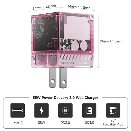 Trozk 35W USB C Charger Block, Infinity Stones Foldable GaN Fast Wall Charger for iPhone 16/15/14/13, Galaxy S24, Pixel, iPad MacBook, Steam Deck(Pink)