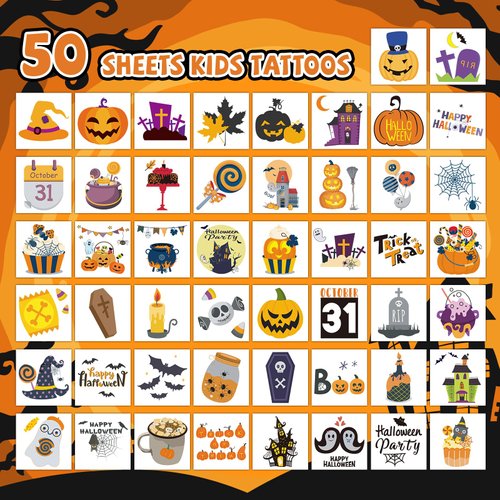 EMOME 50 Sheets Halloween Tattoos for Kids, Individual Wrapped Kids Temporary Tattoos for Boys Girls, Halloween Party Supplies Favors Decorations Fake Tattoos Stickers Treats for kids