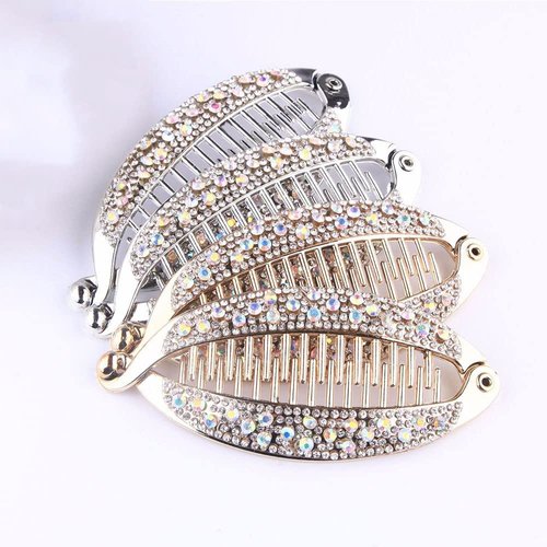 4Pcs Elegant Shining Rhinestone Crystal Banana Clip Hair Clincher Rounded Edges Hair Comb Fish Shape Grips Clamp Headwear for Women and Girls