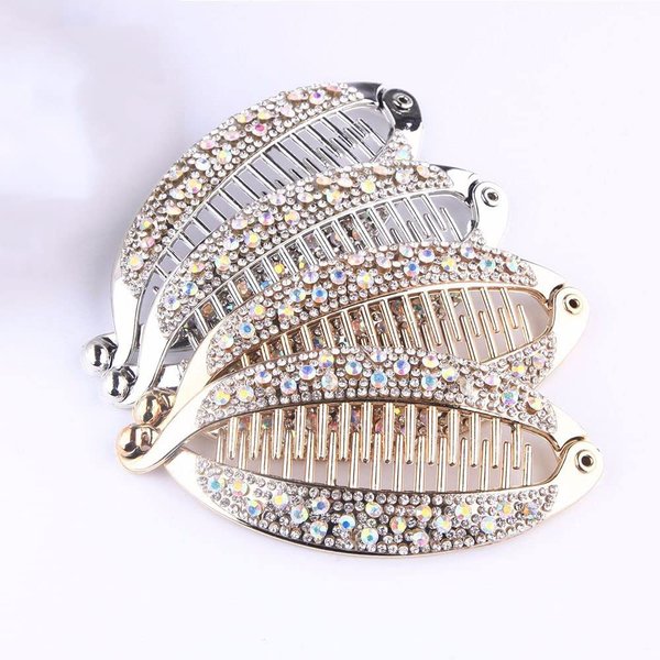 4Pcs Elegant Shining Rhinestone Crystal Banana Clip Hair Clincher Rounded Edges Hair Comb Fish Shape Grips Clamp Headwear for Women and Girls