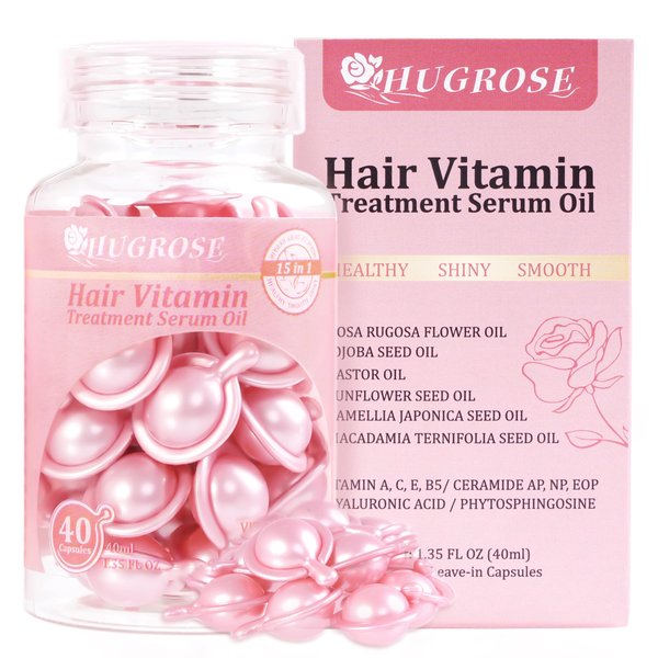 40pcs Hair Treatment Serum oil,No Rinse Moisturizing & haircare Capsules,Hair Oil,Capsules with Rosa Rugosa Flower,Jojoba & Macadamia Seed-Leave-in Anti Frizz Conditioner with Vitamins A, C, E & B5