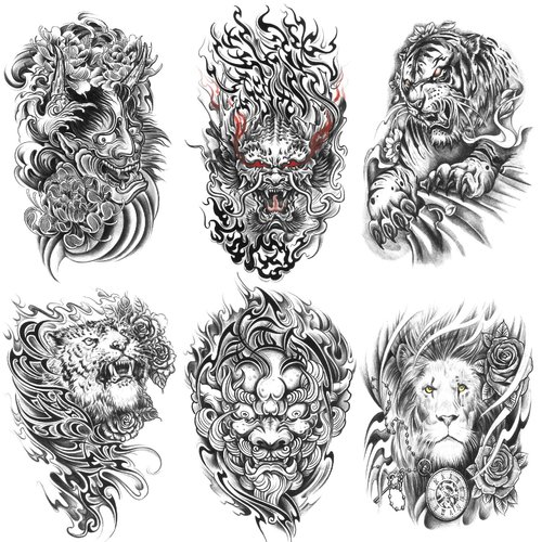 Oottati 6 Sheets Arm Waterproof Temporary Tattoos Black Prajna Tiger Dragon Lion Lotus Clock