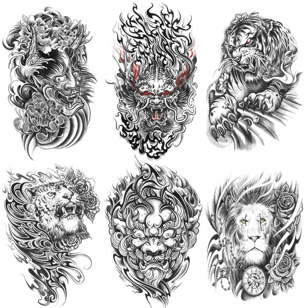 Oottati 6 Sheets Arm Waterproof Temporary Tattoos Black Prajna Tiger Dragon Lion Lotus Clock