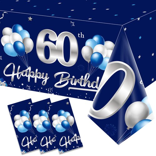 Turypaty 3 Pack Blue Silver 60th Birthday Tablecloth Decorations for Men, Navy Blue Happy 60 Table Cover Party Supplies, Sixty Years Old Birthday Disposable Table Cloth for Indoor Outdoor