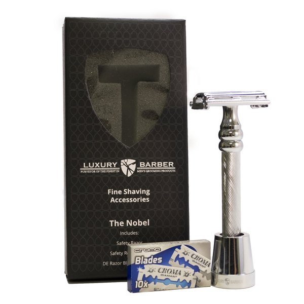 The Nobel Double Edge Safety Razor by Luxury Barber best wet shaving starter kit gift set for men