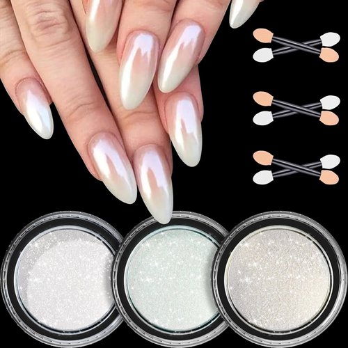 White Pearl Chrome Nail Powder, 3 Colors Aurora Ice Transparent Chrome Powder for Nails, Glazed Donut Pearlescent Magic White Nail Powder Mirror Effect Pigment Glitter for Nail Art