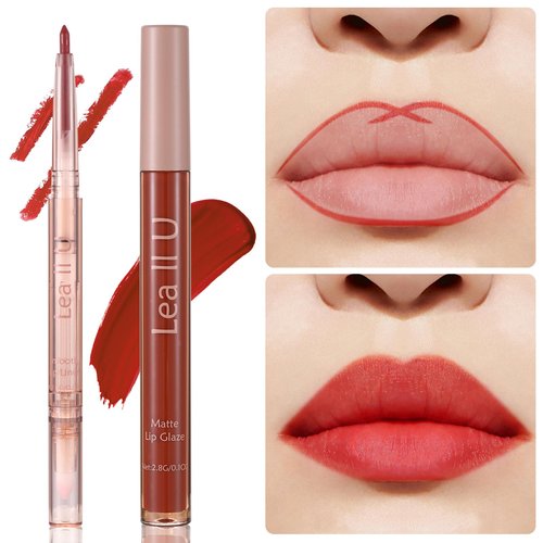 Lea ll U Lip Liner & Lip Glaze Set, Waterproof Smooth Lip Liner, Long Lasting Matte Lip Glaze, Velvet Lip Glow, 2 Pcs, Nude Lipstick, 5 Colors (04#Grapefruit soda)