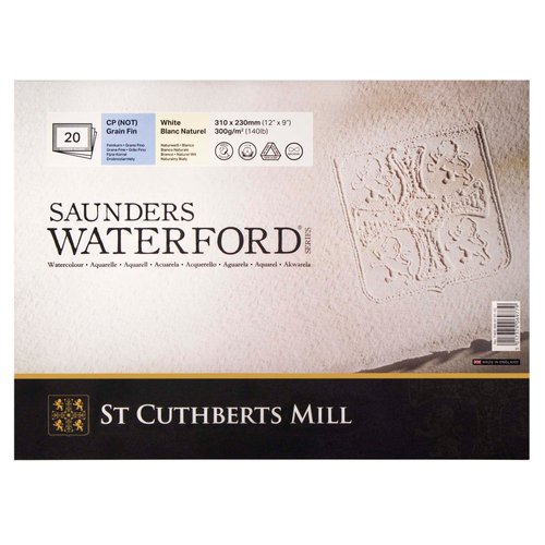 St. Cuthberts Mill Saunders Waterford Watercolor Paper Block - 12x9-inch White 100% Cotton Watercolor Paper - 20 Sheets of 140lb Cold Press Watercolor Paper for Gouache Ink Acrylic Charcoal and More