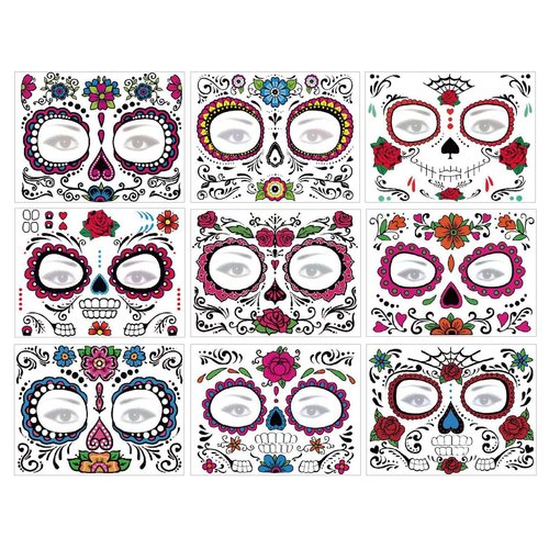 Day of Dead Face Tattoos, 6-Sheet Sugar Skull Tattoos Temporary Stickers and 3-Sheet Fake Floral Black Skeleton Web Full Face Mask Tattoo for Women Girls Kids Holloween Face Makeup