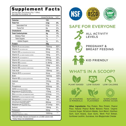 TRU Plant Based Protein Powder, BCAA, EAA, 20g Vegan Protein, 100 Calories, 27 Vitamins, No Artificial Flavors 25 Servings (Peanut Butter Banana Cupcake)