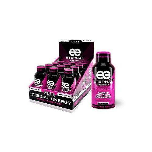 Eternal Energy shot POMEGRANATE flavor with 25 vitamins, minerals, amino acids, and antioxidants and no sugar added.