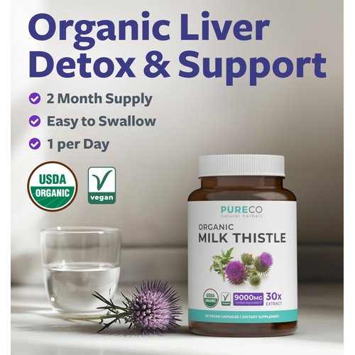 USDA Organic Milk Thistle Capsules - 80% Silymarin Supplement for Liver Support- Super Concentrated 300mg of 30:1 Milk Thistle Extract Equivalent to 9,000mg - Milk Thistle Liver Detox 60 Day Supply