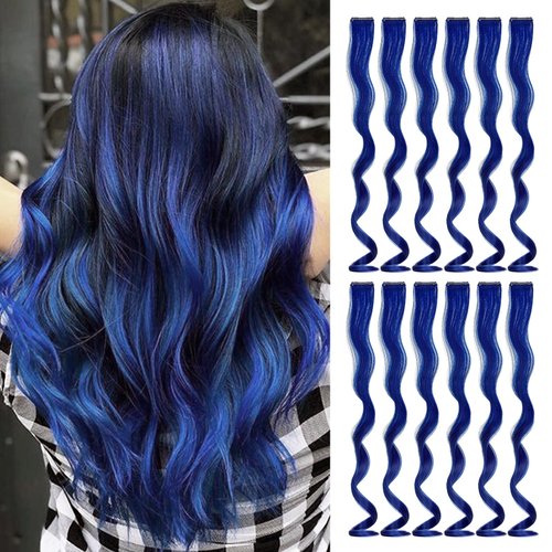 Wodelanle 12 PCS Colored Blue Hair Extensions Clip in Hair Extensions Colorful 20 Inch Wavy Curly Synthetic Hairpiece Colored Hair Extensions for Kids Girls Women Party Highlights