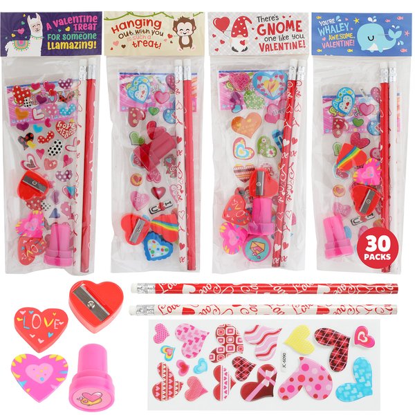 Funeta 30 Pack Valentines Day Stationery, Kids Class Party Favor Cards Set and Gifts for School Classmates, Each Includes 2 Pencils, Erasers, Pre-Inked Stamper Self-Adhesive Stickers