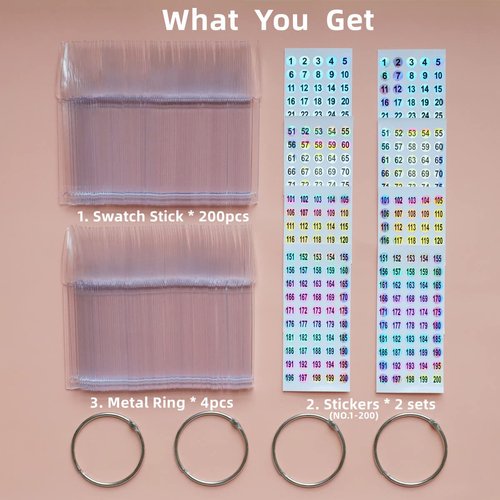 200pcs Nail Swatch Sticks with Number Stickers Nail Color Display Stiletto Tips Clear Nail Sample Sticks with Ring Practice Nail Tips Nail Supplies for Nail Techs Professional Nail Salon