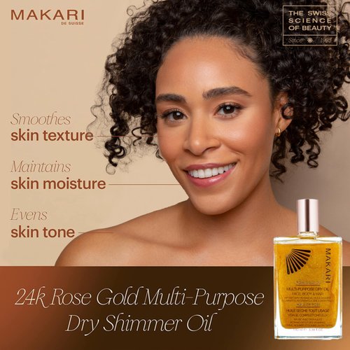 Makari 24K Rose Gold Multi-Purpose Dry Shimmer Oil (3.38 fl oz) | Body Shimmer Oil for Face, Hair and Body | Shimmer Body Oil with Real Gold Flakes | Luxurious Dry Body Oil and Shimmering Body Oil