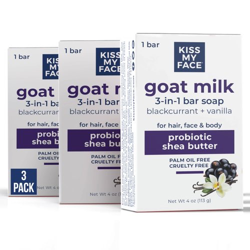 Kiss My Face Goat Milk 3-in-1 Bar Soap, With Probiotic and Shea Butter, Fortifies and Hydrates, For Hair, Face and Body, Blackcurrant and Vanilla, Cruelty Free and Palm Oil Free, Pack of 3