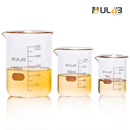 ULAB Scientific Glass Beaker Set, 3 Sizes 50ml 100ml 250ml, 3.3 Boro Griffin Low Form with Printed Graduation, UBG1001