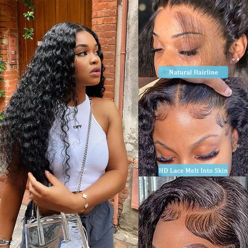 Rujoe Deep Wave Lace Front Wigs Human Hair Pre Plucked 150% Density 13x4 HD Transparent Lace Frontal Wigs Human Hair For Women Deep Curly human hair wigs(30 Inch)