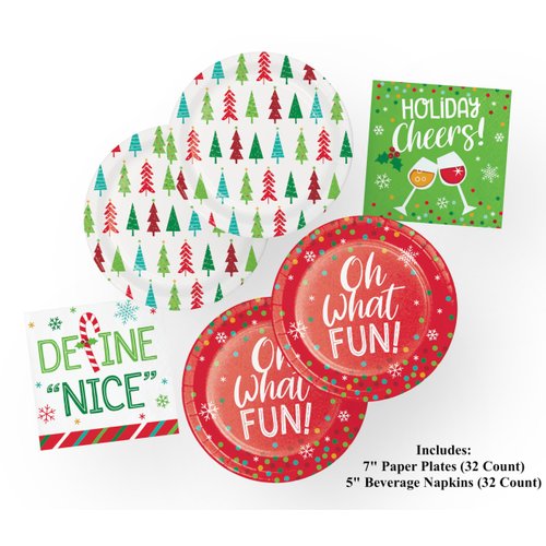 Creative Converting Holiday Cheers Red and Green Funny Christmas Party Plates and Napkins (64 Piece)